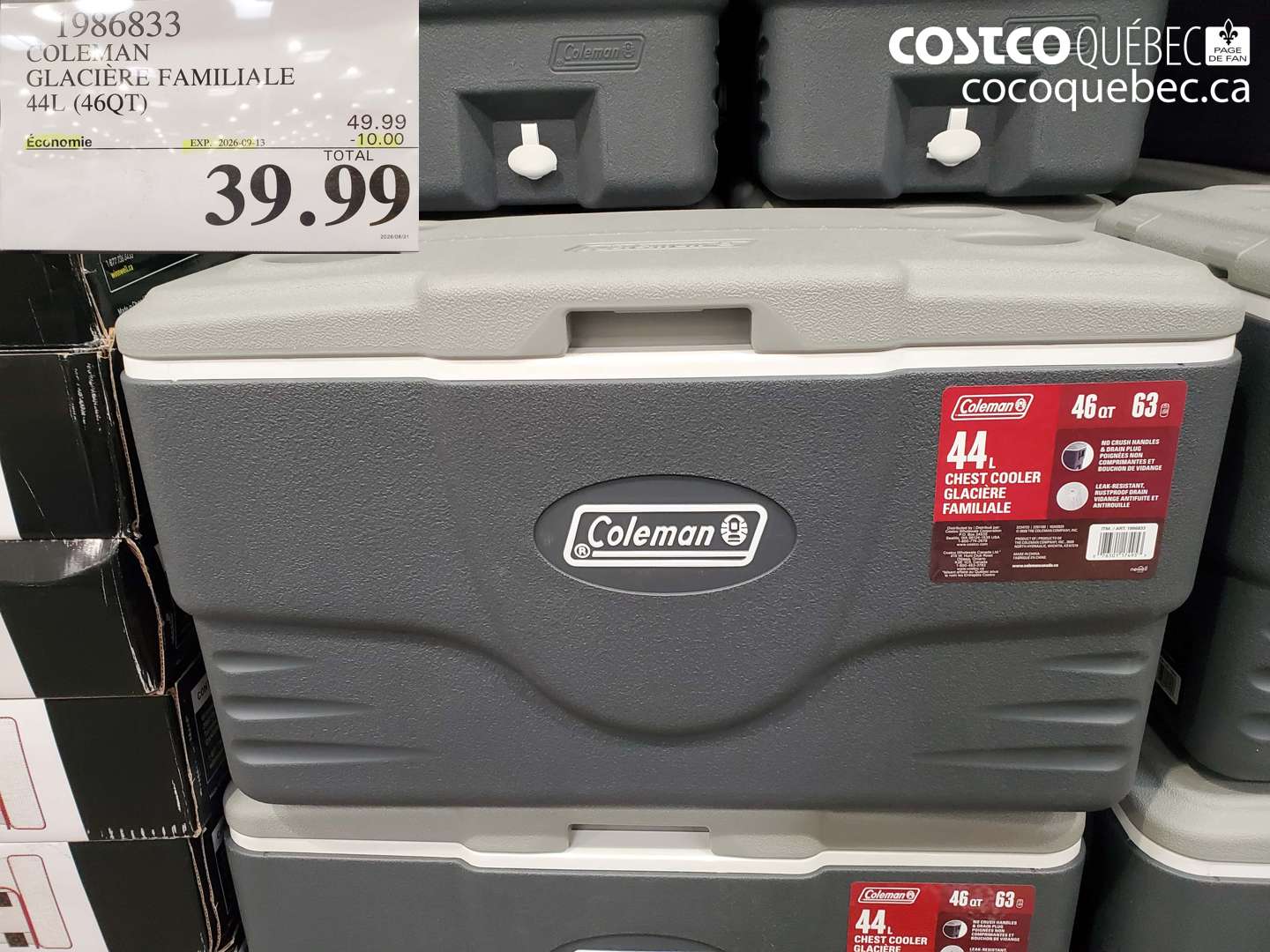 1986833 COLEMAN GLACIÈRE FAMILIALE 44L (46QT) ($10.00 INSTANT SAVINGS EXPIRES ON 2026-09-13) $39.99