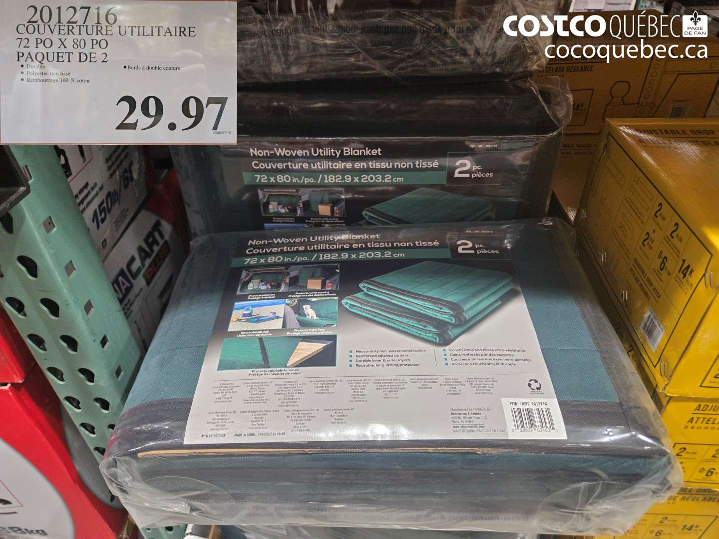 2012716 COUVERTURE UTILITAIRE 72 PO X 80 PO PAQUET DE 2 $29.97