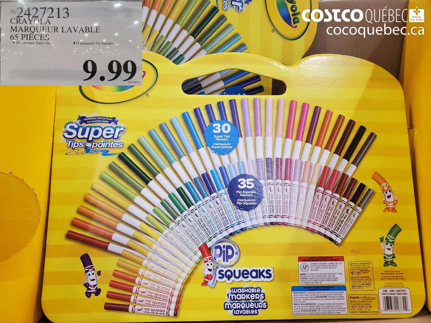 2427213 CRAYOLA MARQUEUR LAVABLE 65 PIÈCES $9.99