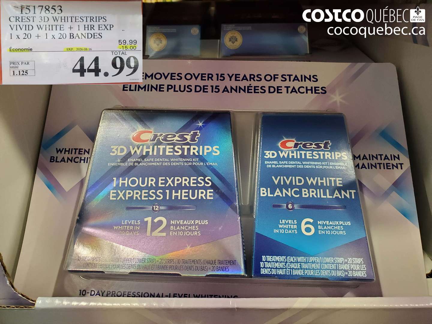 1517853 CREST 3D WHITESTRIPS VIVID WHITE + 1 HR EXP 1 X 20 + 1 X 20 BANDES ($15.00 INSTANT SAVINGS EXPIRES ON 2026-08-16) $44.99