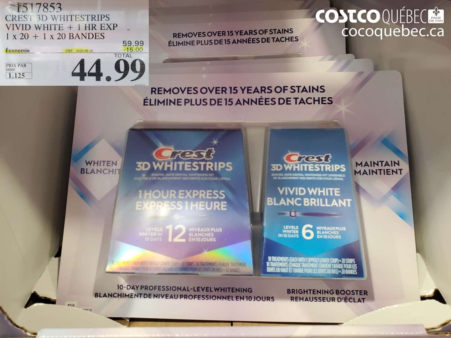 1517853 CREST 3D WHITESTRIPS VIVID WHITE + 1 HR EXP 1 X 20 + 1 X 20 BANDES ($15.00 INSTANT SAVINGS EXPIRES ON 2026-08-16) $44.99