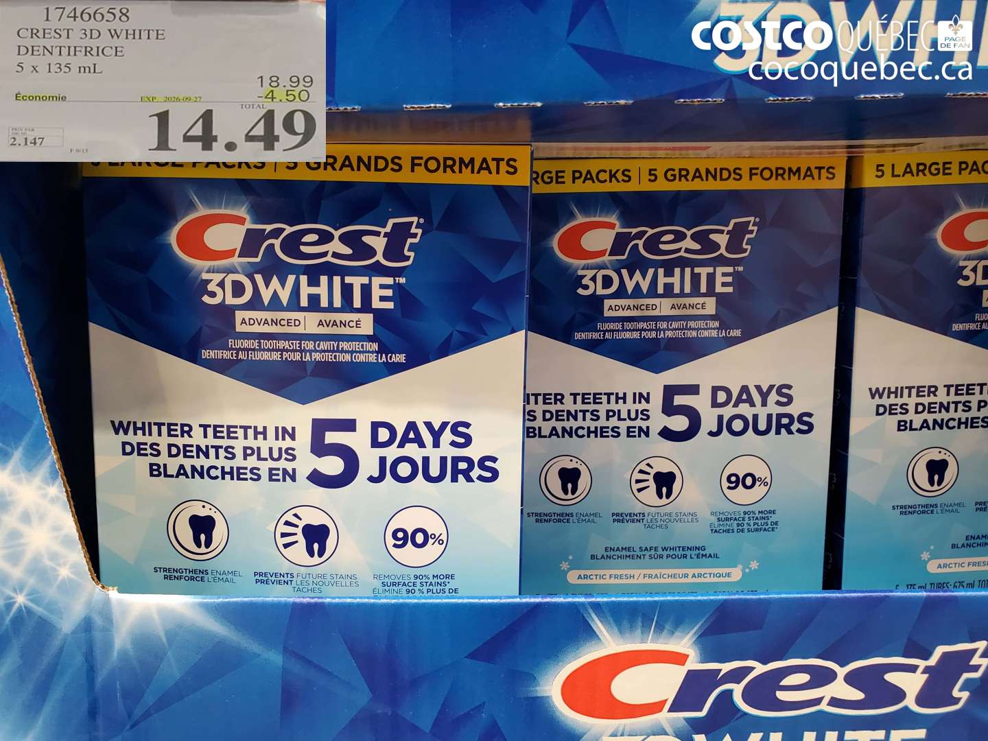1746658 CREST 3D WHITE DENTIFRICE 5 X 135 ML ($4.50 INSTANT SAVINGS EXPIRES ON 2026-09-27) $14.49
