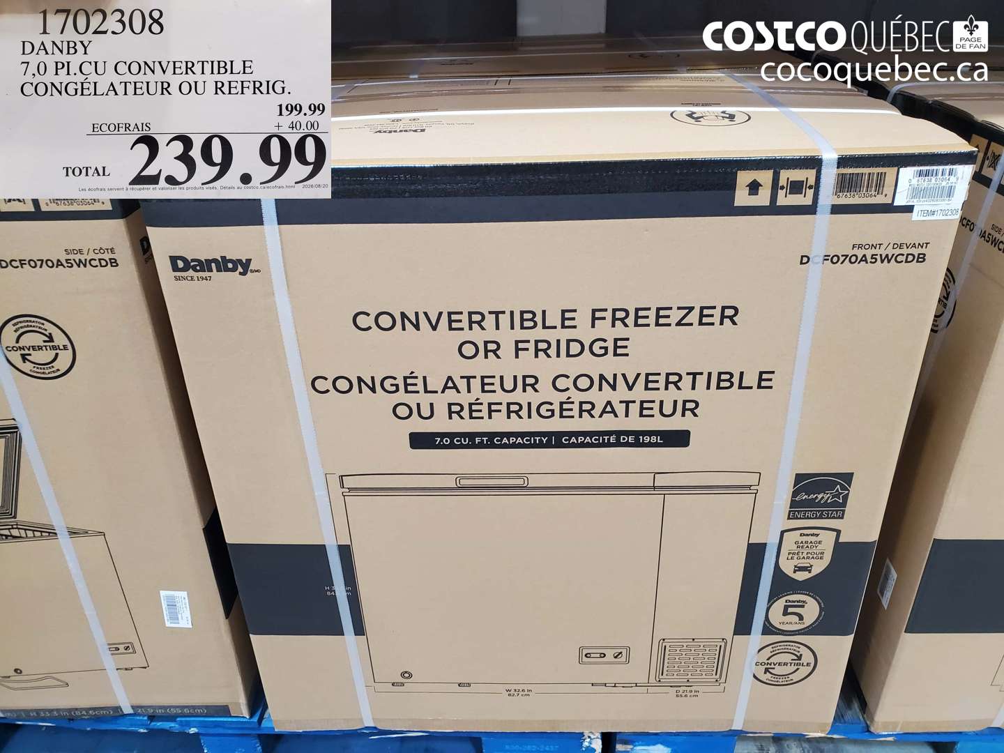 1702308 DANBY 7.0 PI.CU CONVERTIBLE CONGÉLATEUR OU REFRIG. $239.99