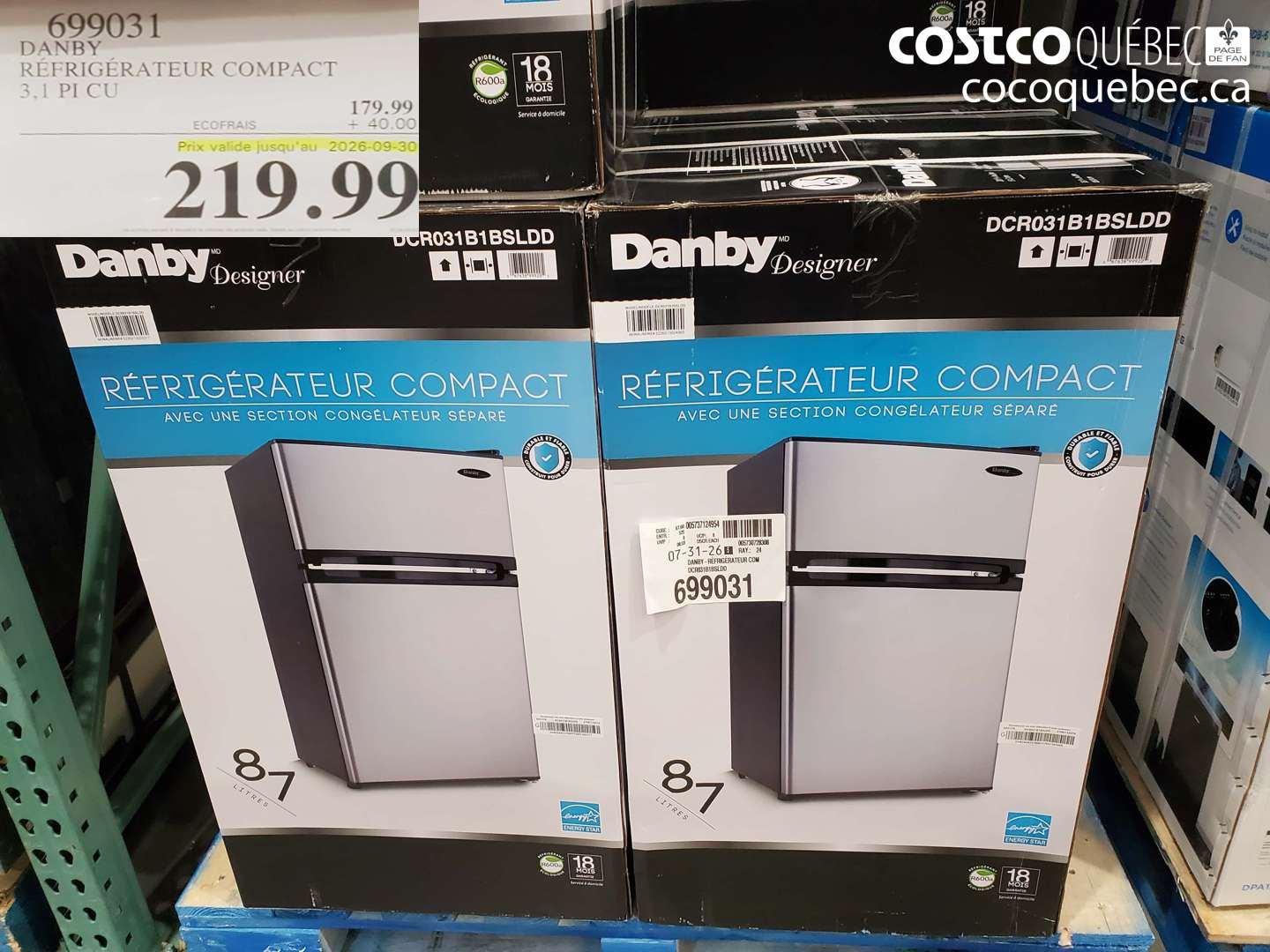 699031 DANBY RÉFRIGÉRATEUR COMPACT 3.1 PI CU (EXPIRES ON 2026-09-30) $219.99