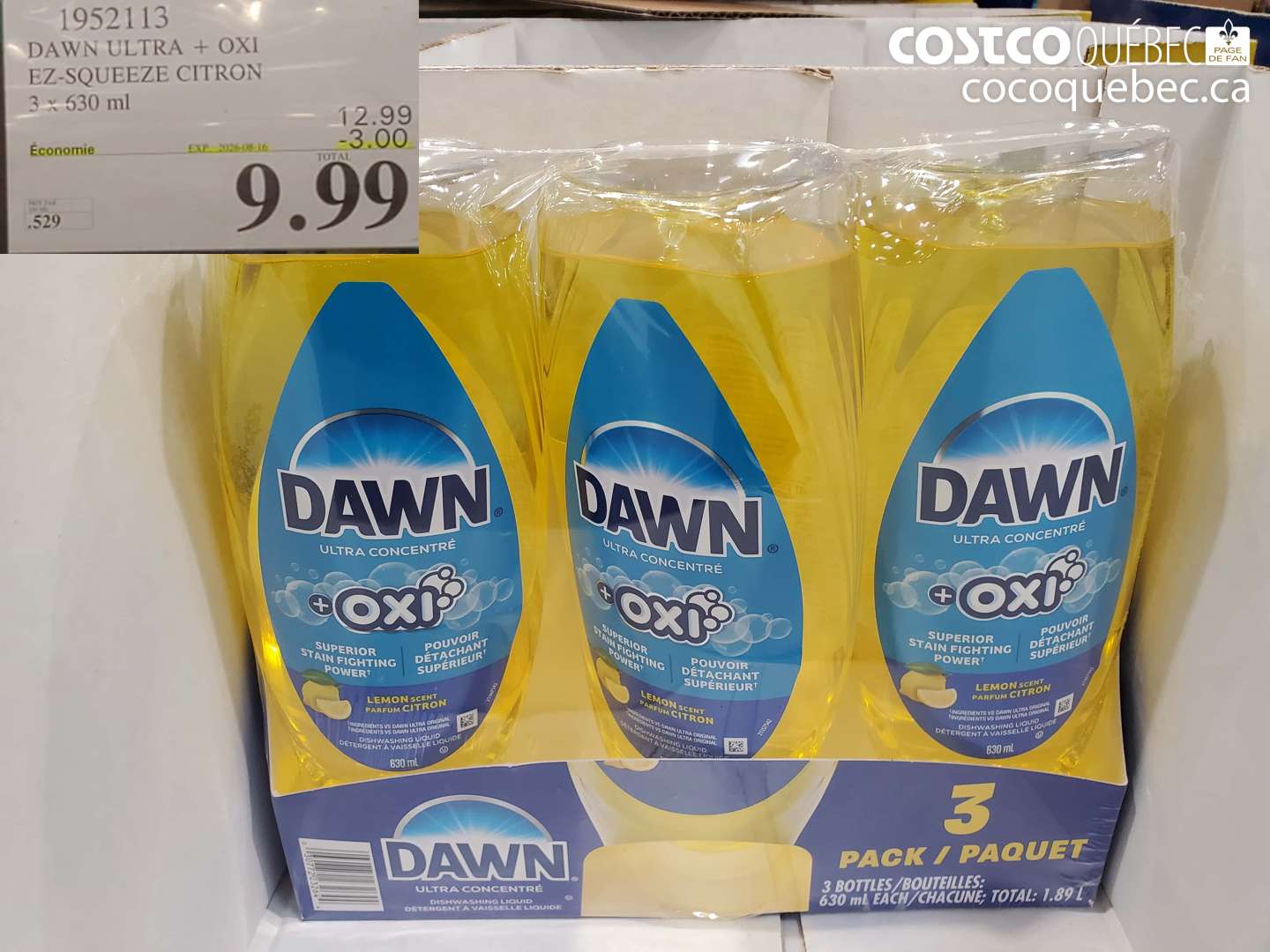 1952113 DAWN ULTRA + OXI EZ-SQUEEZE CITRON 3 X 630 ML ($3.00 INSTANT SAVINGS EXPIRES ON 2023-05-16) $9.99