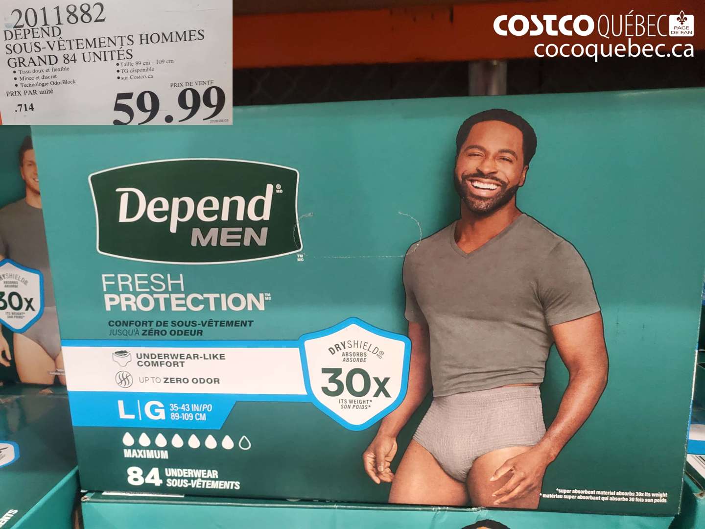 2011882 DEPEND SOUS-VÊTEMENTS HOMMES GRAND 84 UNITÉS $59.99