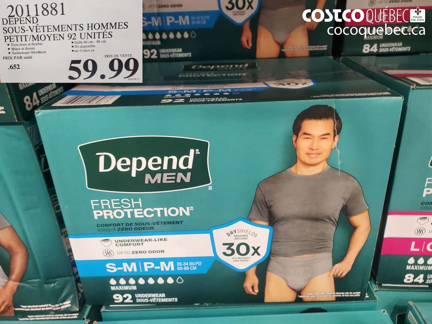 2011881 DEPEND SOUS-VÊTEMENTS HOMMES PETIT/MOYEN 92 UNITÉS $59.99