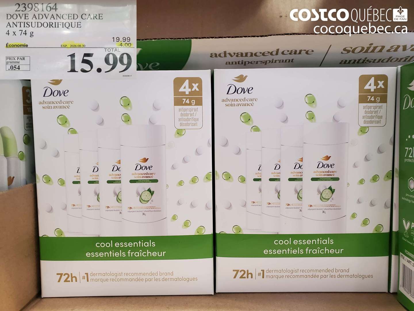2398164 DOVE ADVANCED CARE ANTISUDORIFIQUE 4 X 74 G ($4.00 INSTANT SAVINGS EXPIRES ON 2026-08-30) $15.99