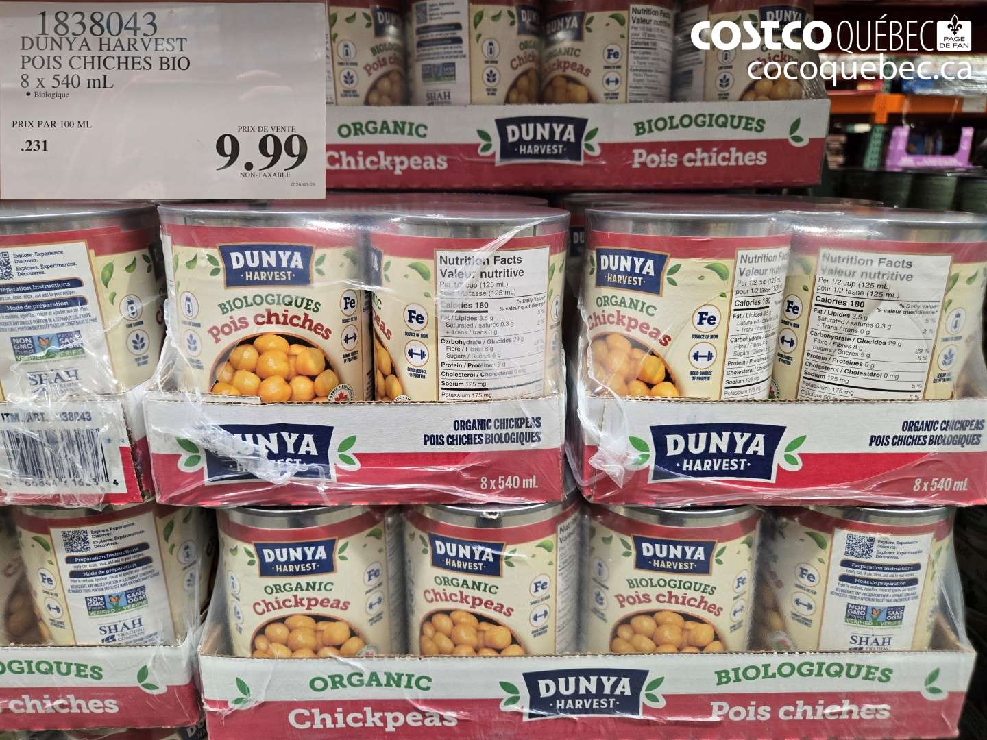 1838043 DUNYA HARVEST POIS CHICHES BIO 8 X 540 ML $9.99