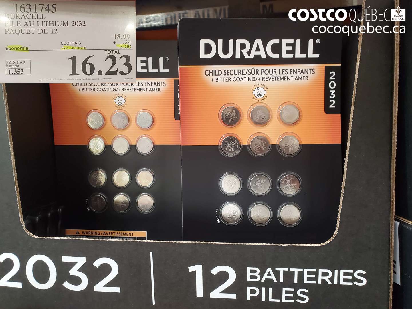 1631745 DURACELL PILE AU LITHIUM 2032 PAQUET DE 12 ($3.00 INSTANT SAVINGS EXPIRES ON 2026-08-30) $16.23