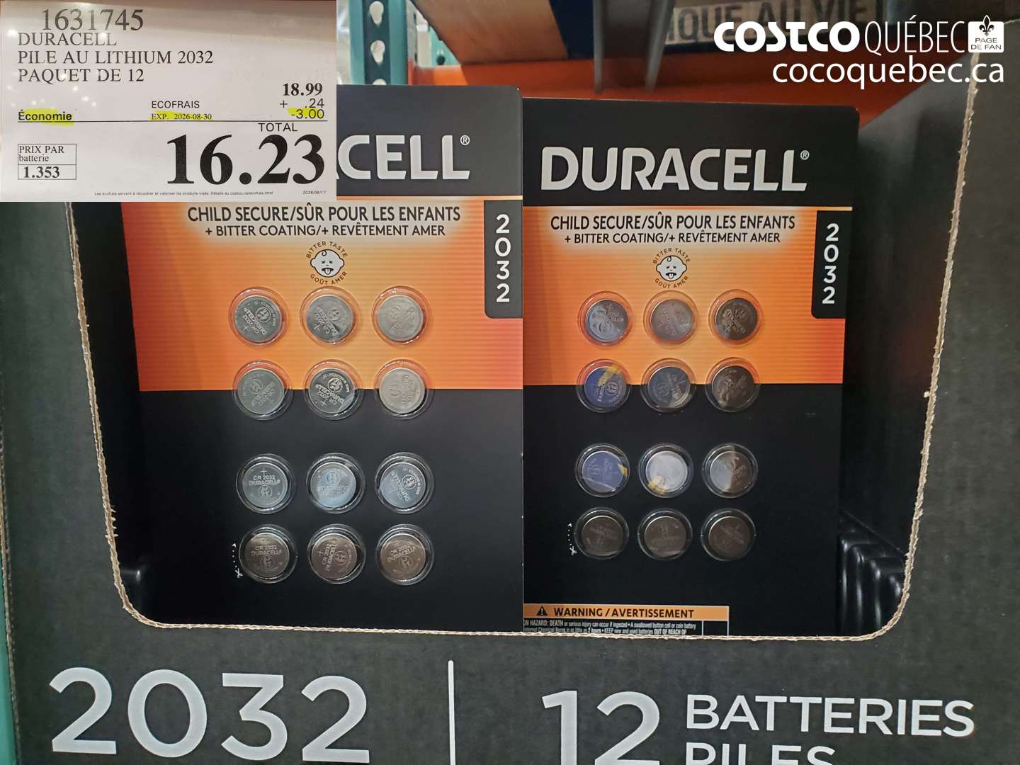 1631745 DURACELL PILE AU LITHIUM 2032 PAQUET DE 12 ($3.00 INSTANT SAVINGS EXPIRES ON 2026-08-30) $16.23
