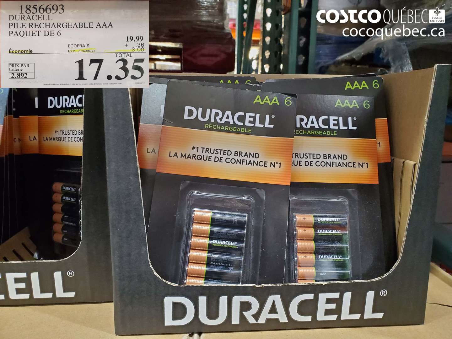 1856693 DURACELL PILE RECHARGEABLE AAA PAQUET DE 6 ($3.00 INSTANT SAVINGS EXPIRES ON 2026-08-30) $17.35