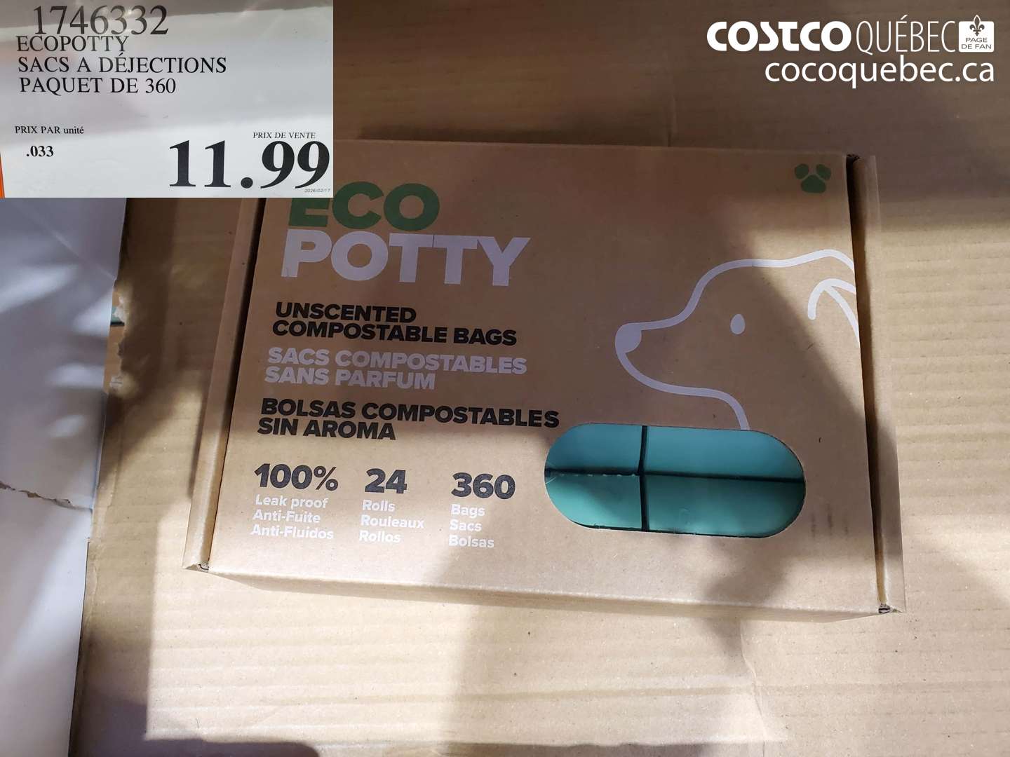1746332 ECOPOTTY SACS A DÉJECTIONS PAQUET DE 360 $11.99