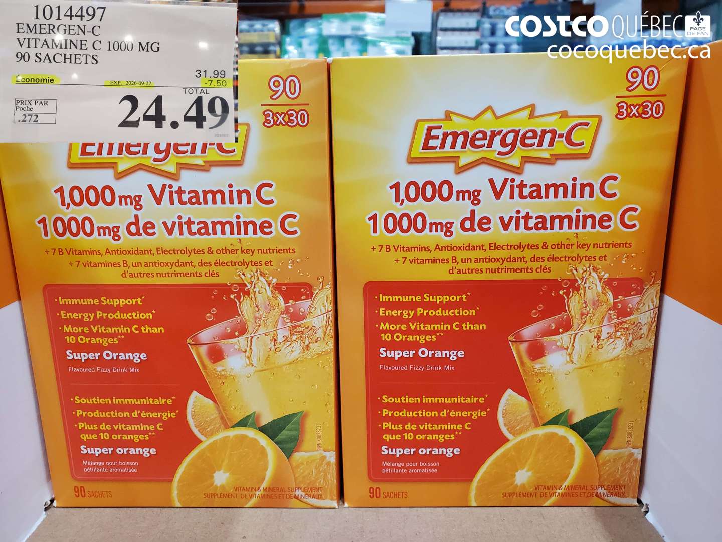 1014497 EMERGEN-C VITAMINE C 1000 MG 90 SACHETS ($7.50 INSTANT SAVINGS EXPIRES ON 2026-09-27) $24.49