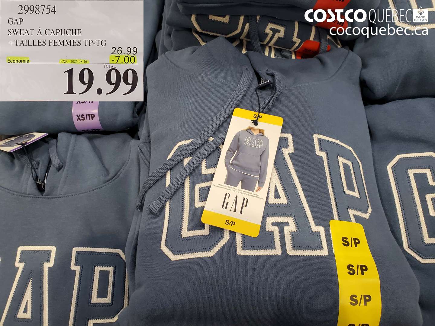 2998754 GAP SWEAT À CAPUCHE +TAILLES FEMMES TP-TG ($7.00 INSTANT SAVINGS EXPIRES ON 2026-08-16) $19.99