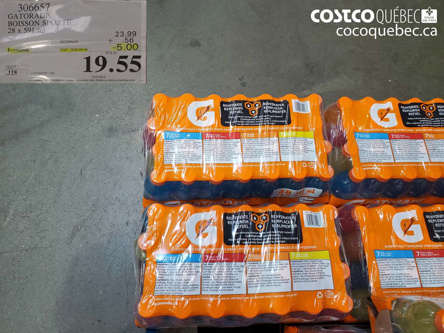 306657 GATORADE BOISSON SPORTIF 28 X 591 ML ($5.00 INSTANT SAVINGS EXPIRES ON 2026-09-06) $19.55