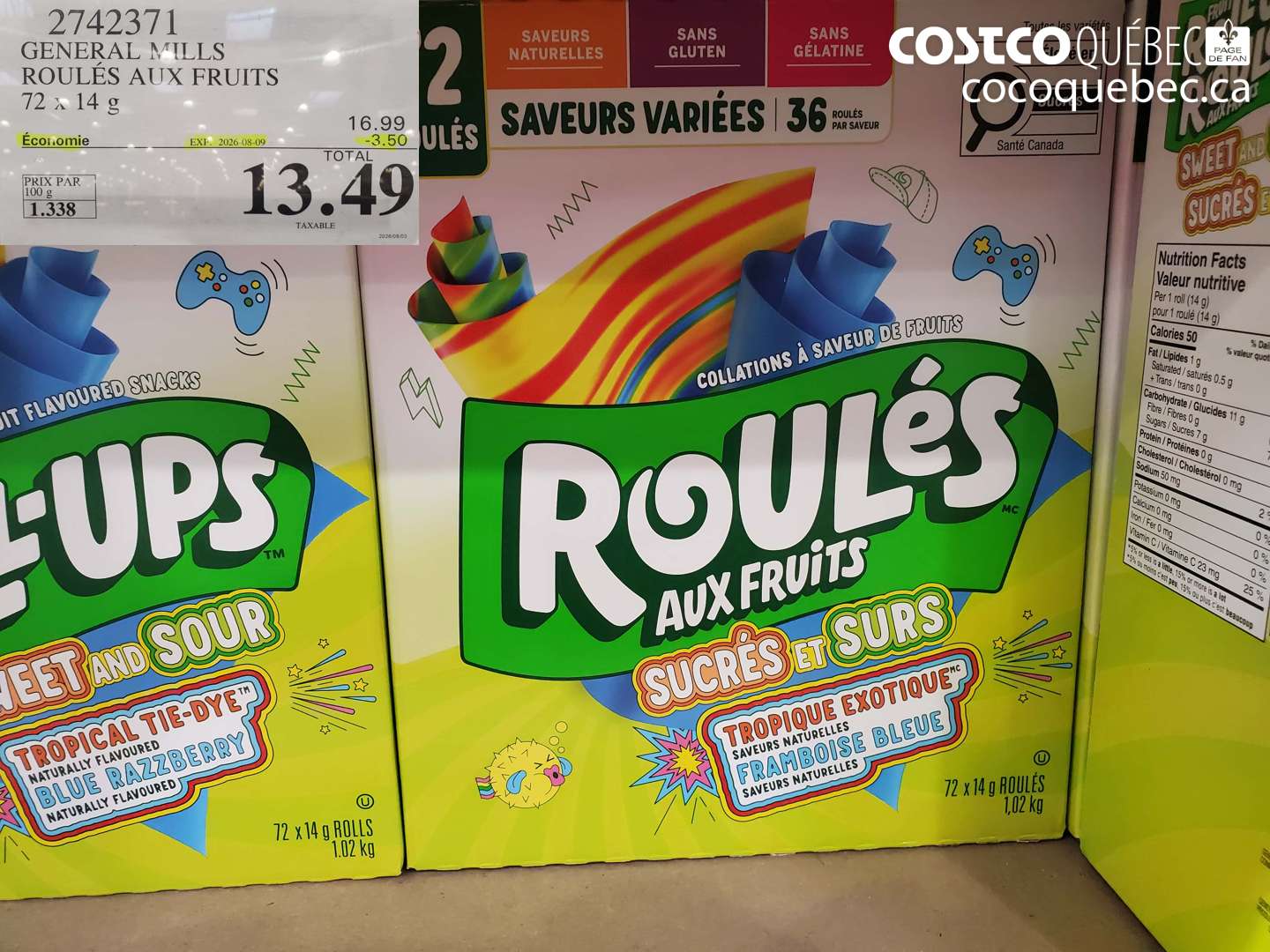2742371 GENERAL MILLS ROULES AUX FRUITS 72 X 14 G ($3.50 INSTANT SAVINGS EXPIRES ON 2026-08-09) $13.49
