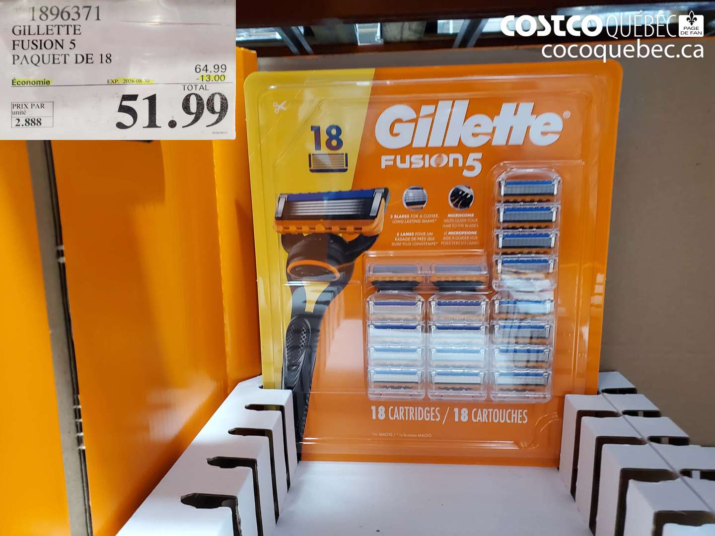 1896371 GILLETTE FUSION 5 PAQUET DE 18 ($13.00 INSTANT SAVINGS EXPIRES ON 2026-08-30) $51.99