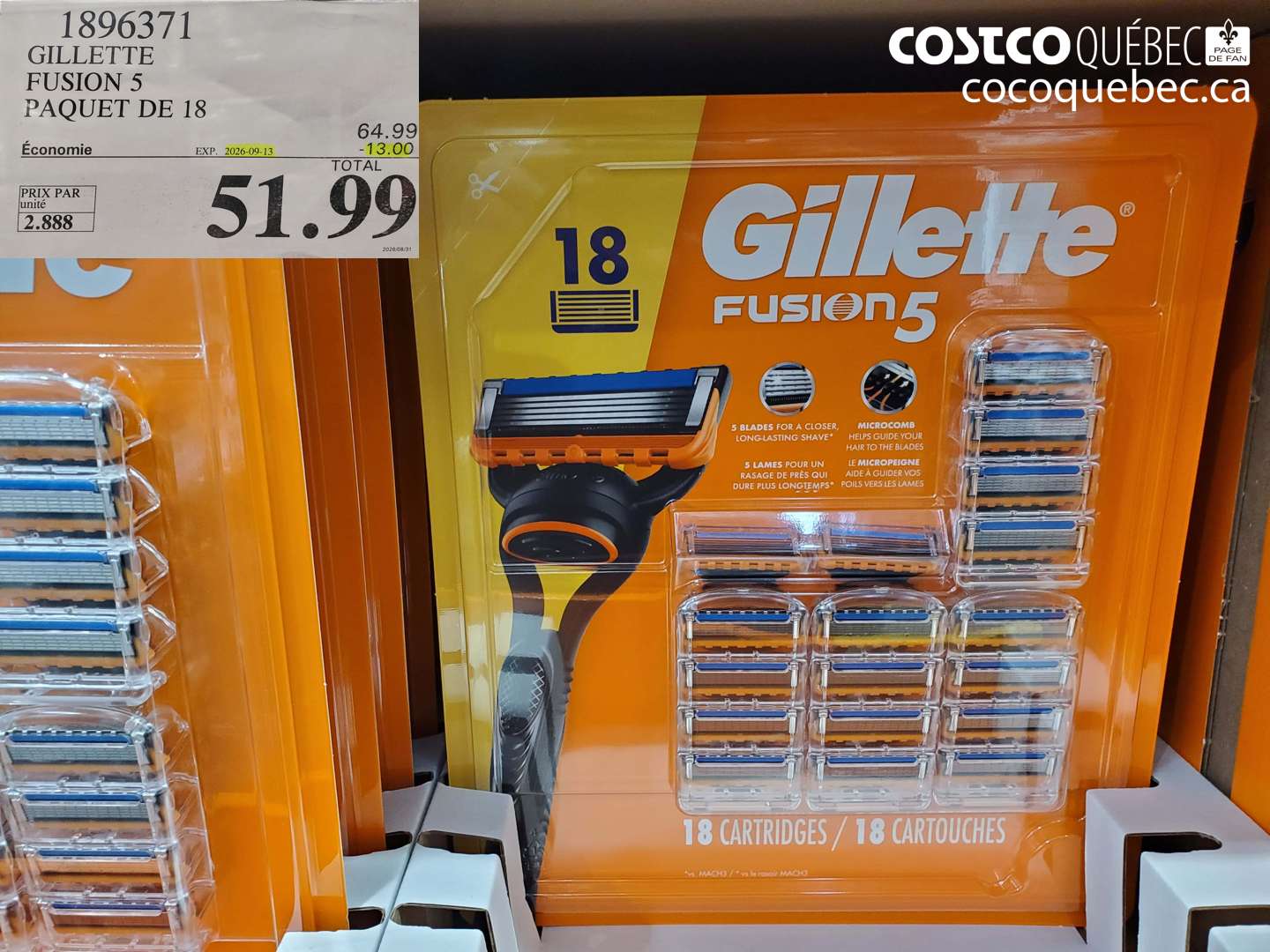 1896371 GILLETTE FUSION 5 PAQUET DE 18 ($13.00 INSTANT SAVINGS EXPIRES ON 2026-09-13) $51.99