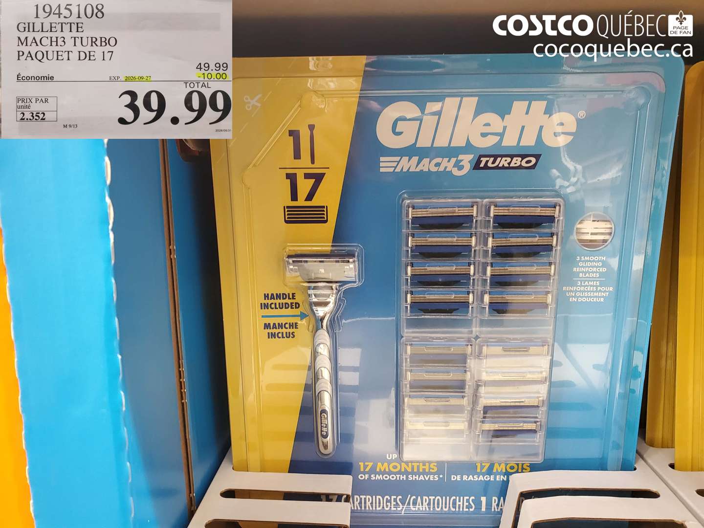 1945108 GILLETTE MACH3 TURBO PAQUET DE 17 ($10.00 INSTANT SAVINGS EXPIRES ON 2026-09-27) $39.99