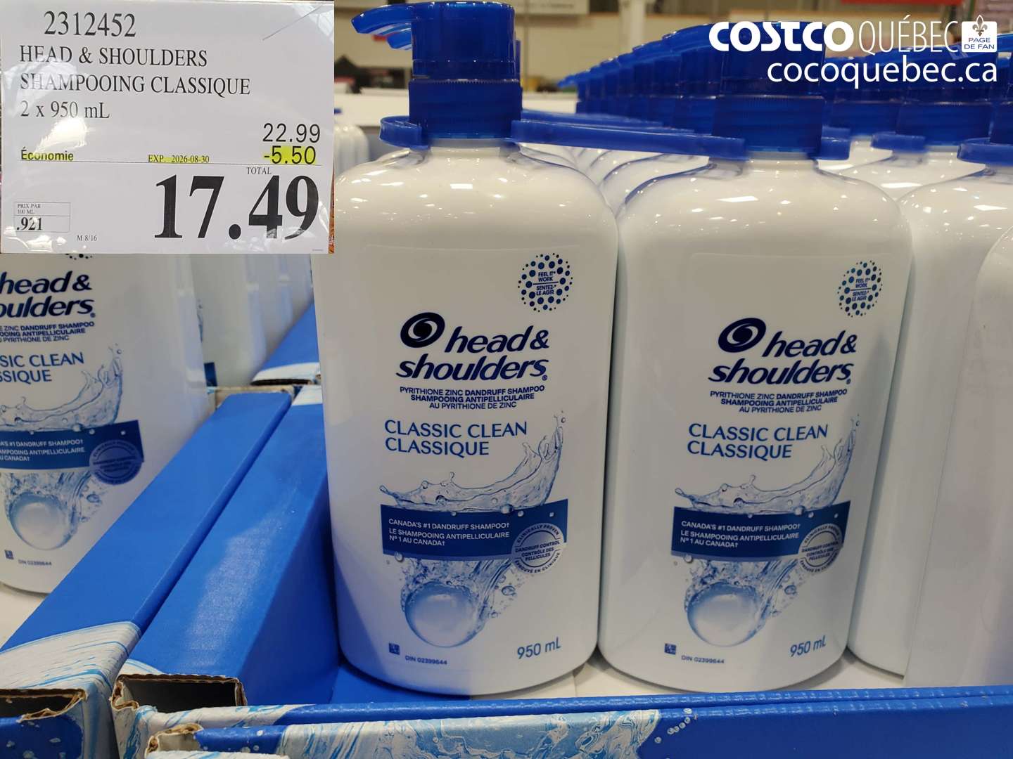 2312452 HEAD & SHOULDERS SHAMPOOING CLASSIQUE ($5.50 INSTANT SAVINGS EXPIRES ON 2026-08-30) $17.49
