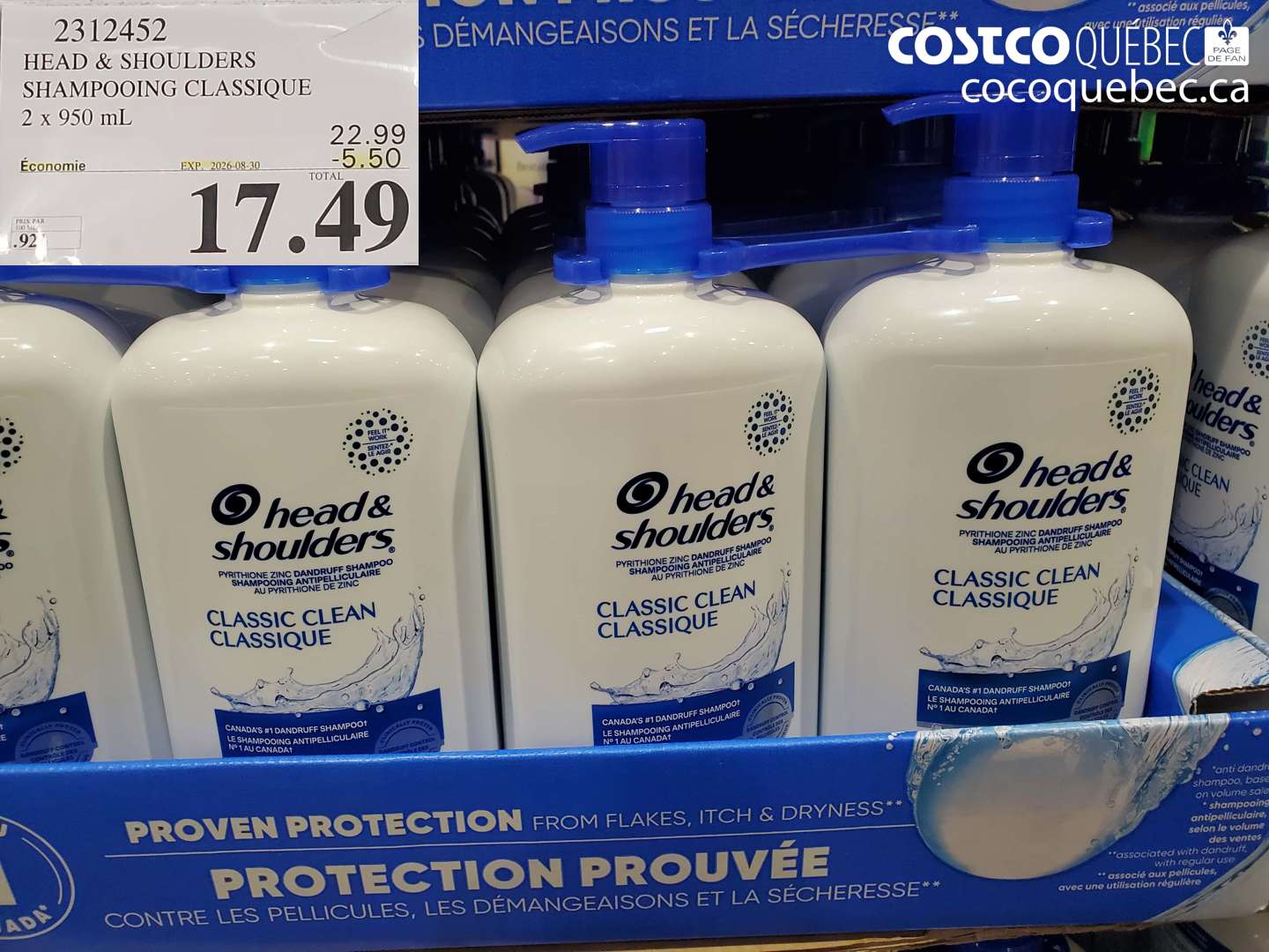 2312452 HEAD & SHOULDERS SHAMPOOING CLASSIQUE ($5.50 INSTANT SAVINGS EXPIRES ON 2026-08-30) $17.49
