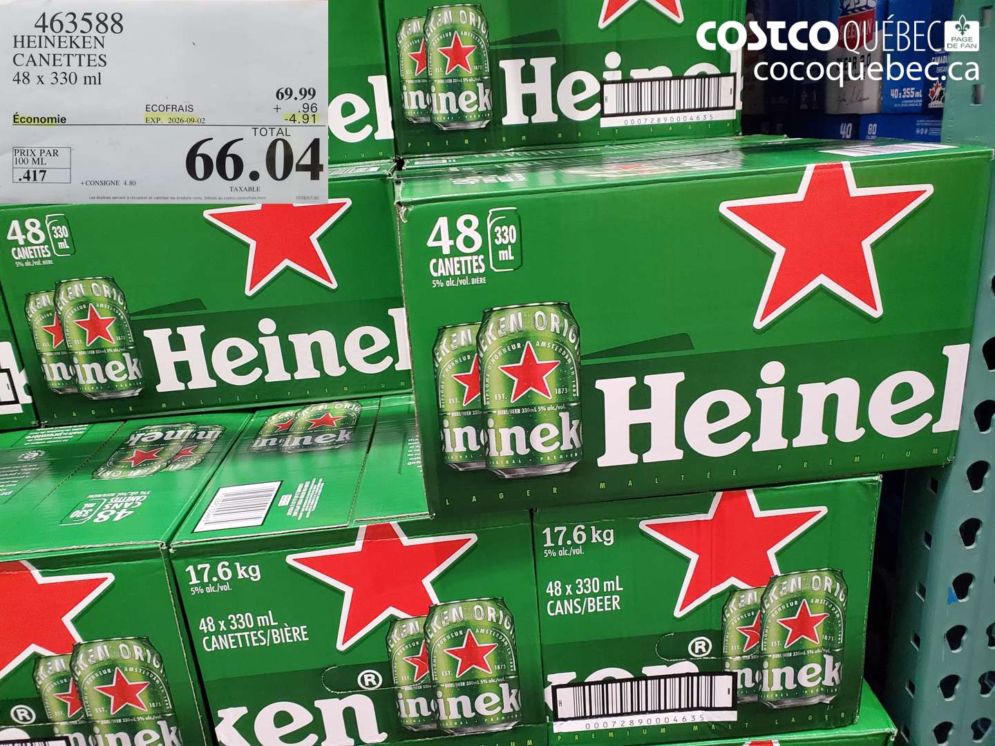 463588 HEINEKEN CANETTES ($4.91 INSTANT SAVINGS EXPIRES ON 2026-09-02) $66.04