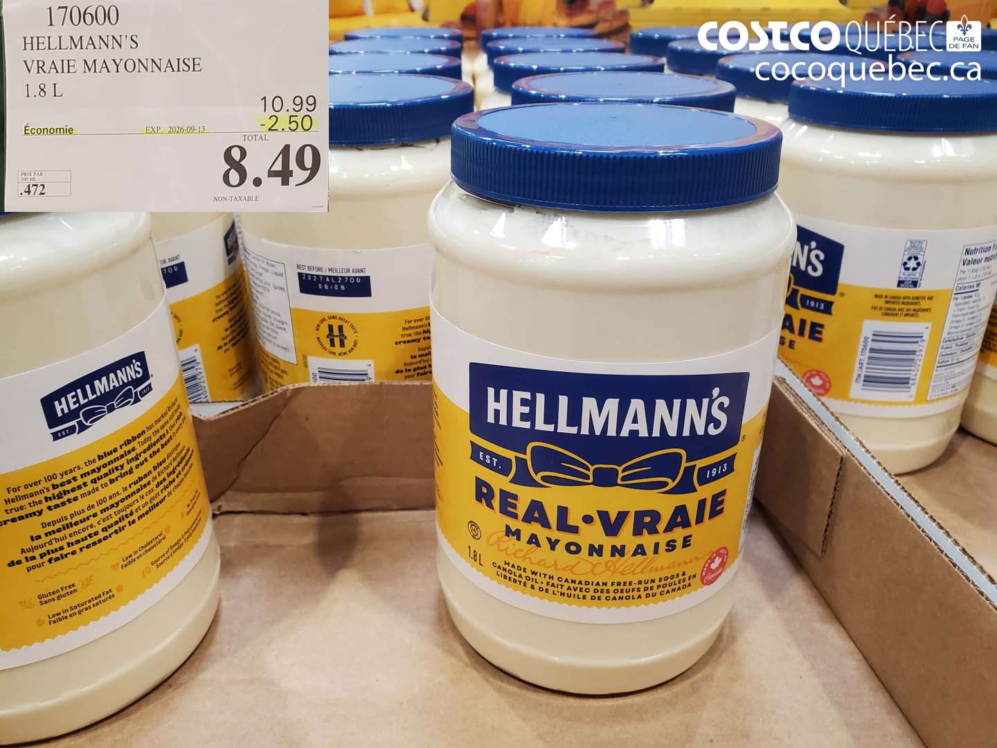 170600 HELLMANN'S VRAIE MAYONNAISE 1.8 L ($2.50 INSTANT SAVINGS EXPIRES ON 2026-09-13) $8.49