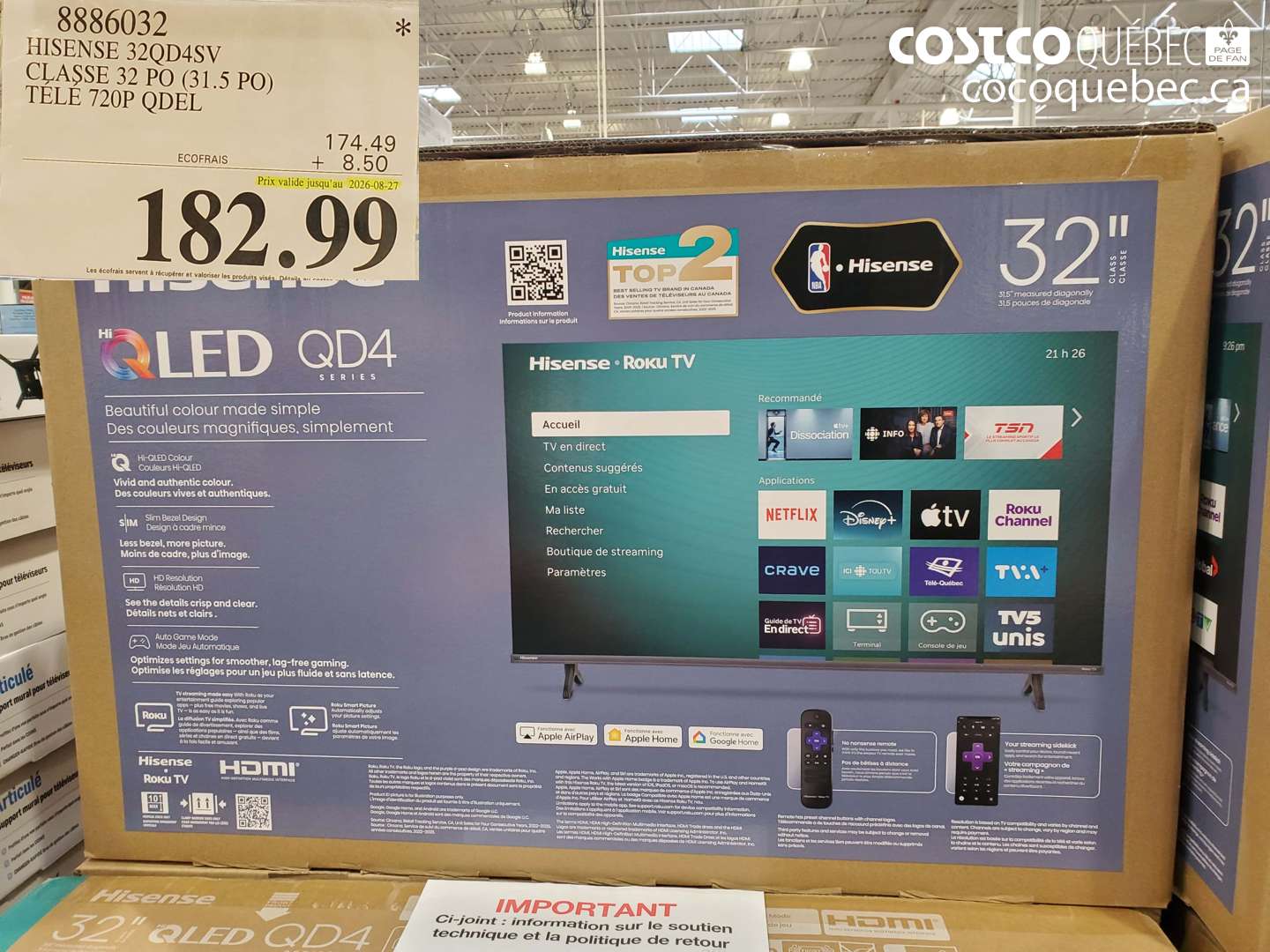 8886032 HISENSE 32QD4SV CLASSE 32 PO (31.5 PO) TELE 720P QDEL (EXPIRES ON 2026-08-27) $182.99