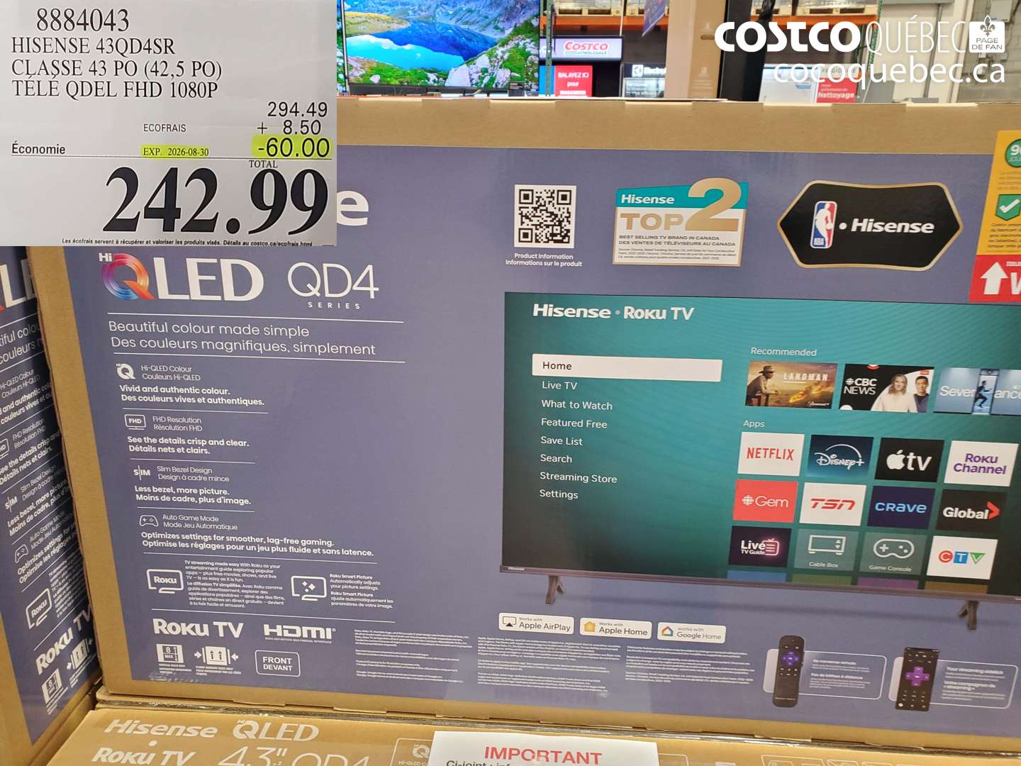 8884043 HISENSE 43QD4SR CLASSE 43 PO (42.5 PO) TÉLÉ QDEL FHD 1080P ($60.00 INSTANT SAVINGS EXPIRES ON 2026-08-30) $242.99