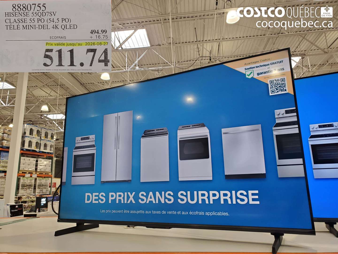 8880755 HISENSE 55QD7SV CLASSE 55 PO (54.5 PO) TÉLÉ MINI-DEL 4K QLED (EXPIRES ON 2026-08-27) $511.74