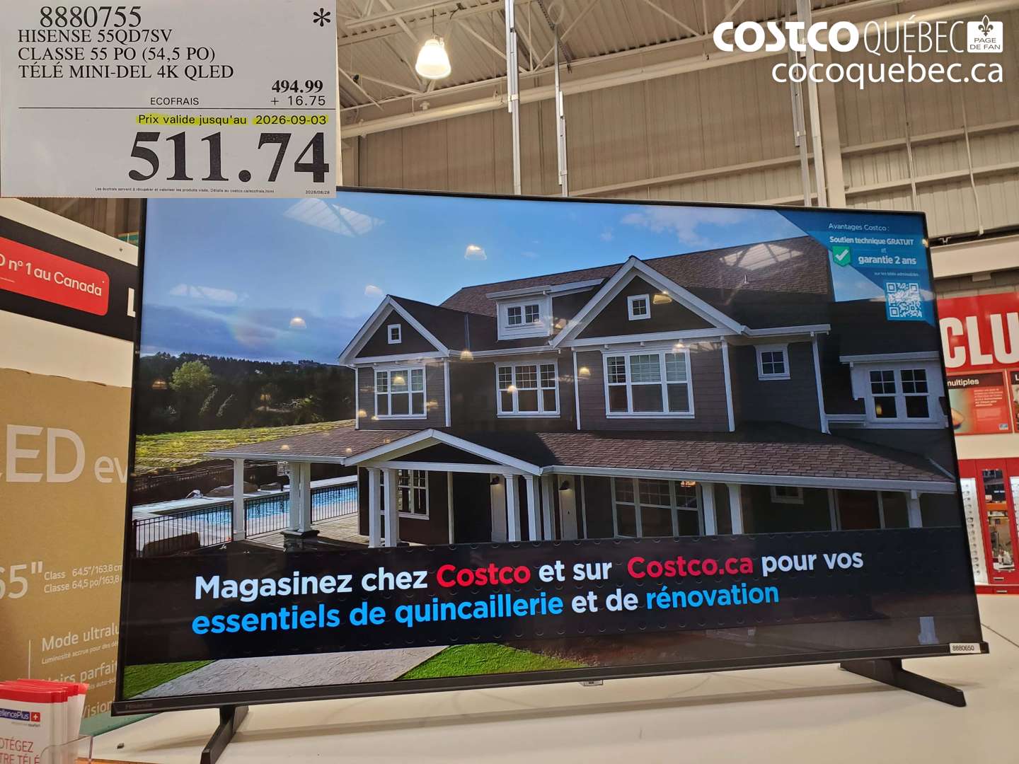 8880755 HISENSE 55QD7SV CLASSE 55 PO (54.5 PO) TÉLÉ MINI-DEL 4K QLED (EXPIRES ON 2026-09-03) $511.74