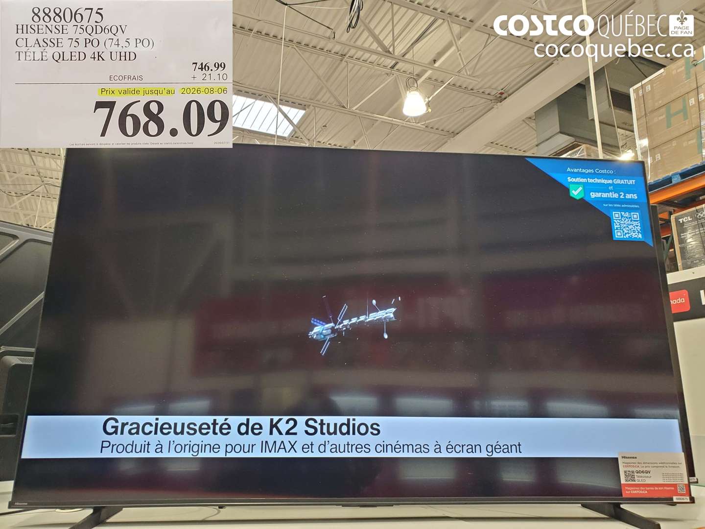 8880675 HISENSE 75QD6QV CLASSE 75 PO (74.5 PO) TÉLÉ QLED 4K UHD (EXPIRES ON 2026-08-06) $768.09