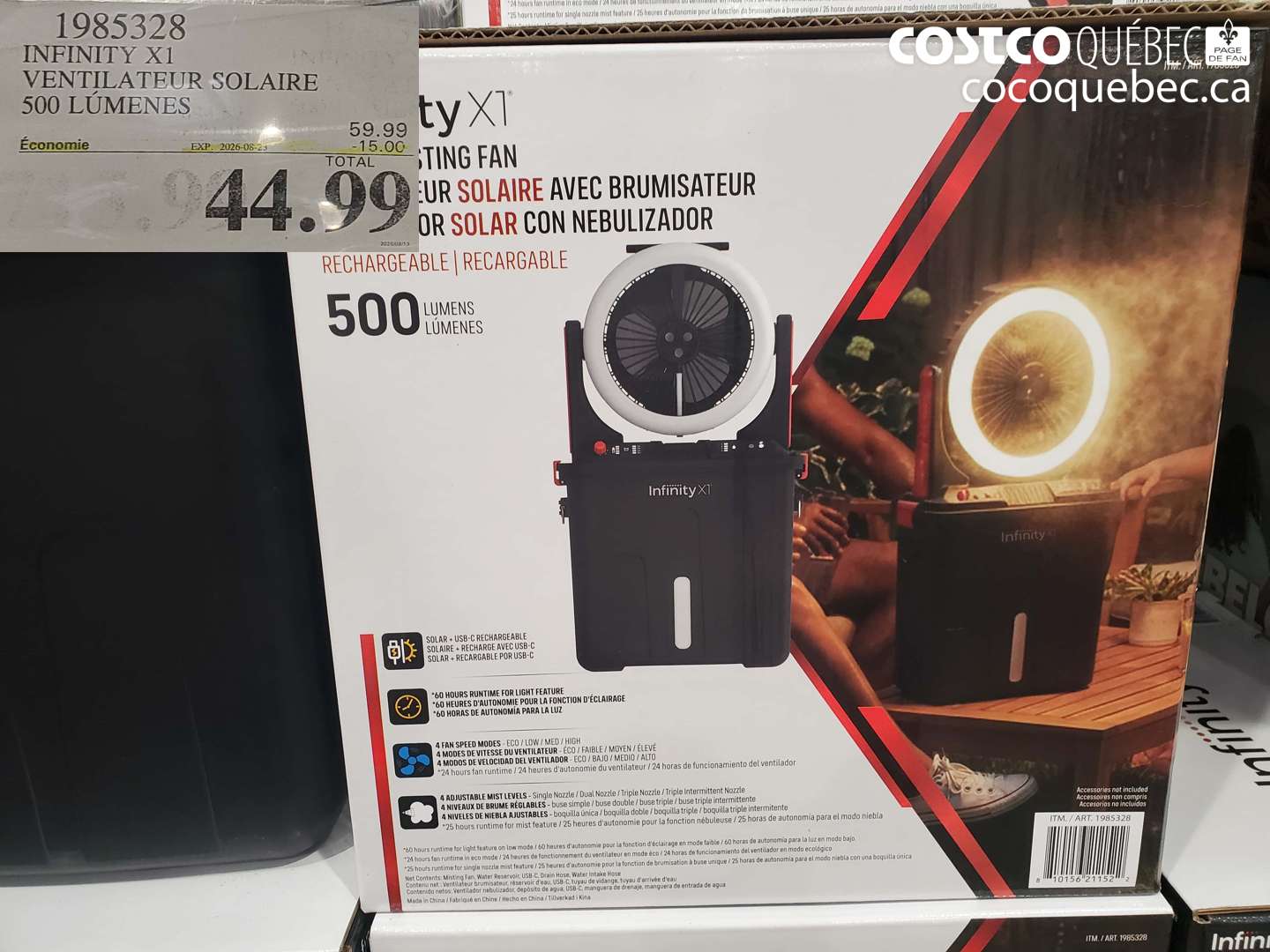 1985328 INFINITY X1 VENTILATEUR SOLAIRE 500 LUMENES ($15.00 INSTANT SAVINGS EXPIRES ON 2026-08-23) $44.99