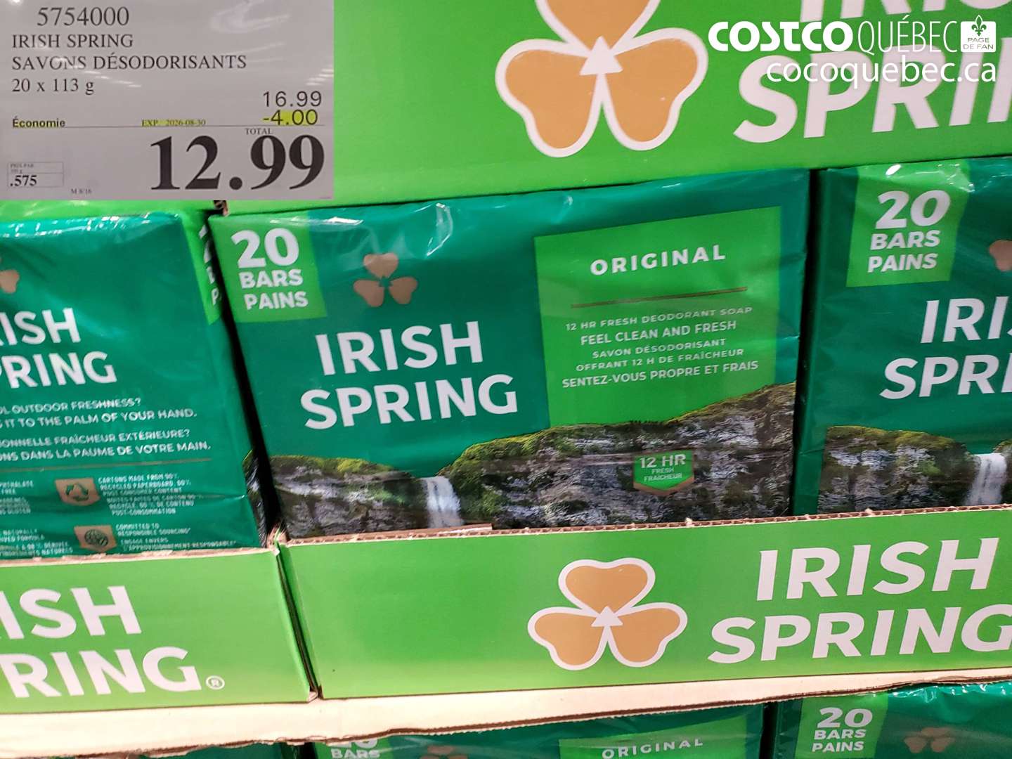 5754000 IRISH SPRING SAVONS DÉSODORISANTS 20 X 113 G ($4.00 INSTANT SAVINGS EXPIRES ON 2026-08-30) $12.99