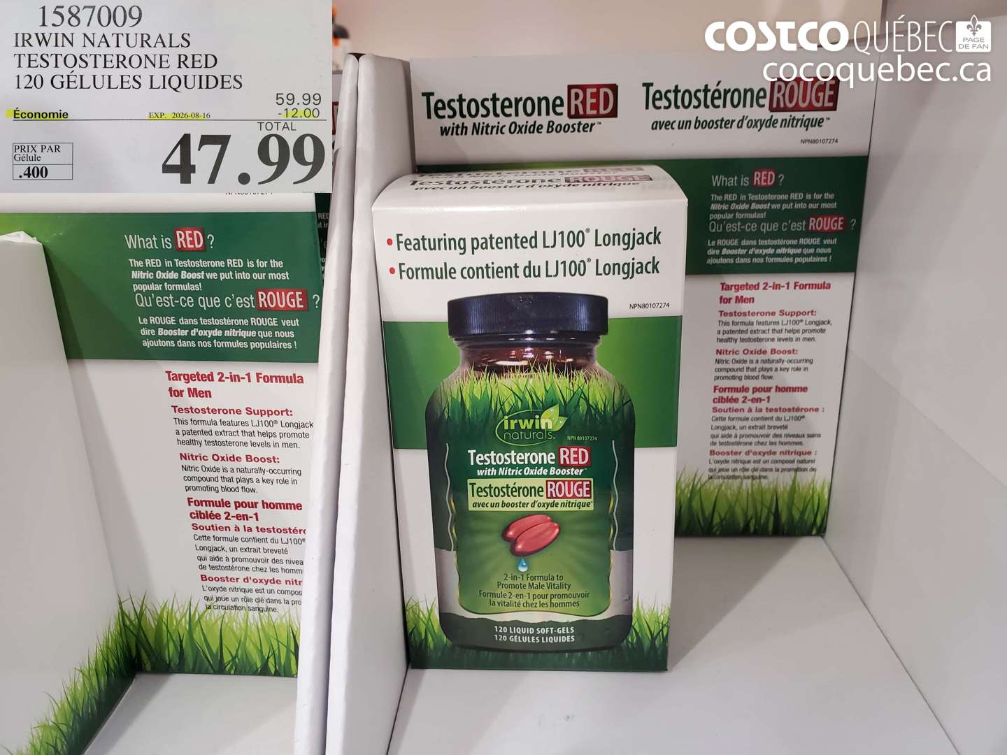 1587009 IRWIN NATURALS TESTOSTERONE RED 120 GÉLULES LIQUIDES ($12.00 INSTANT SAVINGS EXPIRES ON 2026-08-16) $47.99