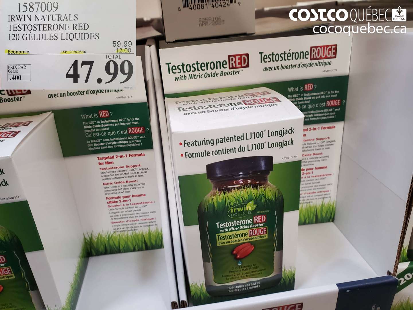 1587009 IRWIN NATURALS TESTOSTERONE RED 120 GÉLULES LIQUIDES ($12.00 INSTANT SAVINGS EXPIRES ON 2026-08-16) $47.99