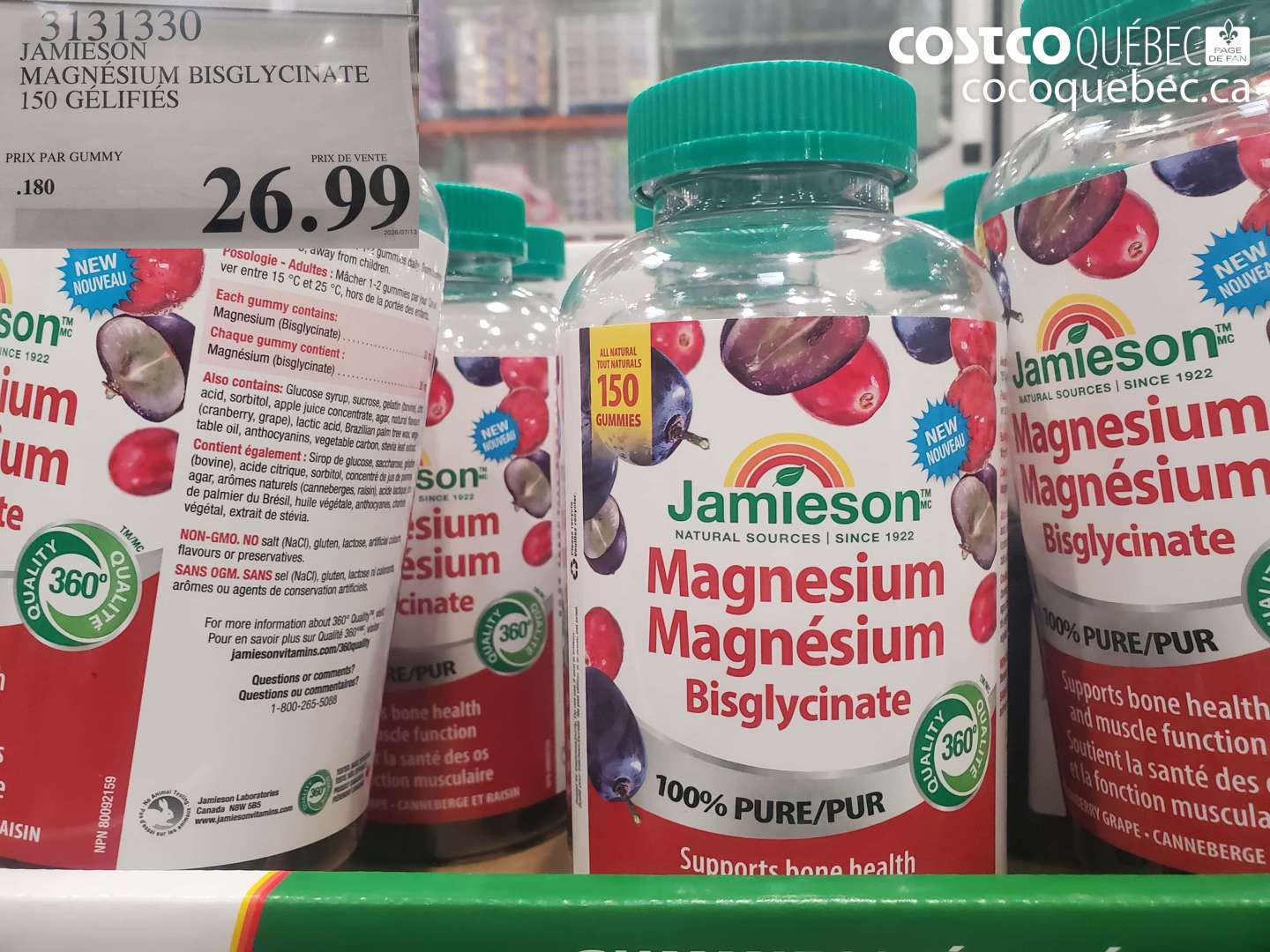 3131330 JAMIESON MAGNÉSIUM BISGLYCINATE 150 GÉLIFIÉS $26.99