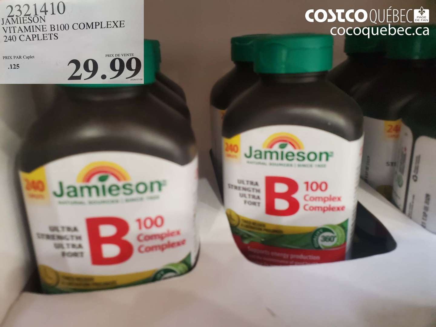 2321410 JAMIESON VITAMINE B100 COMPLEXE 240 CAPLETS $29.99
