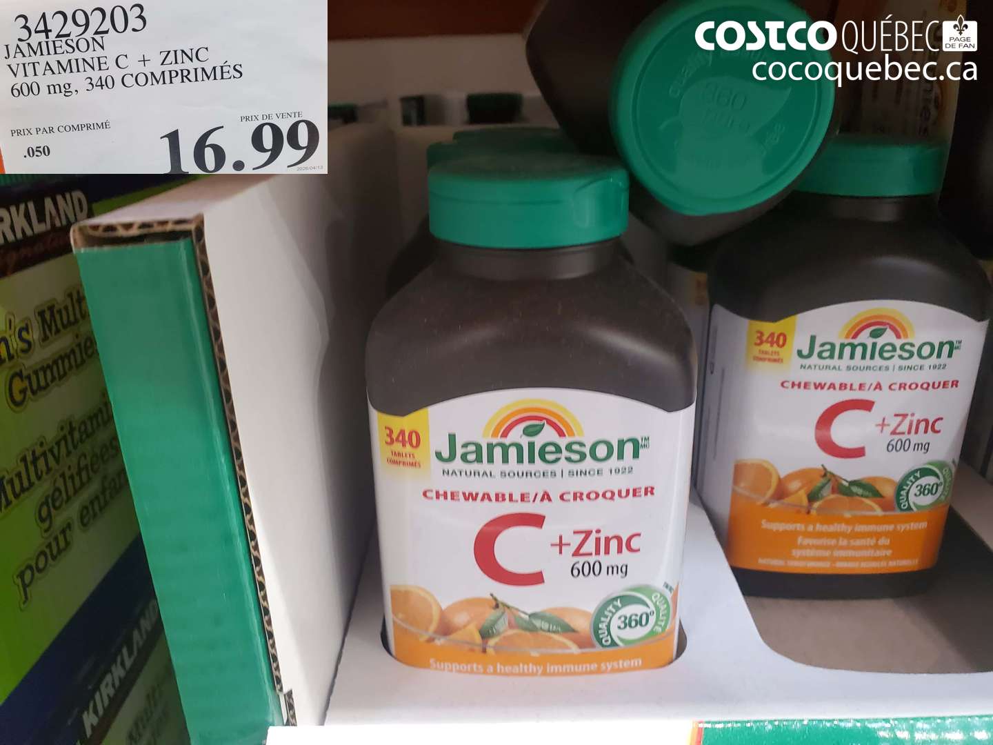 3429203 JAMIESON VITAMINE C + ZINC 600 MG. 340 COMPRIMÉS $16.99