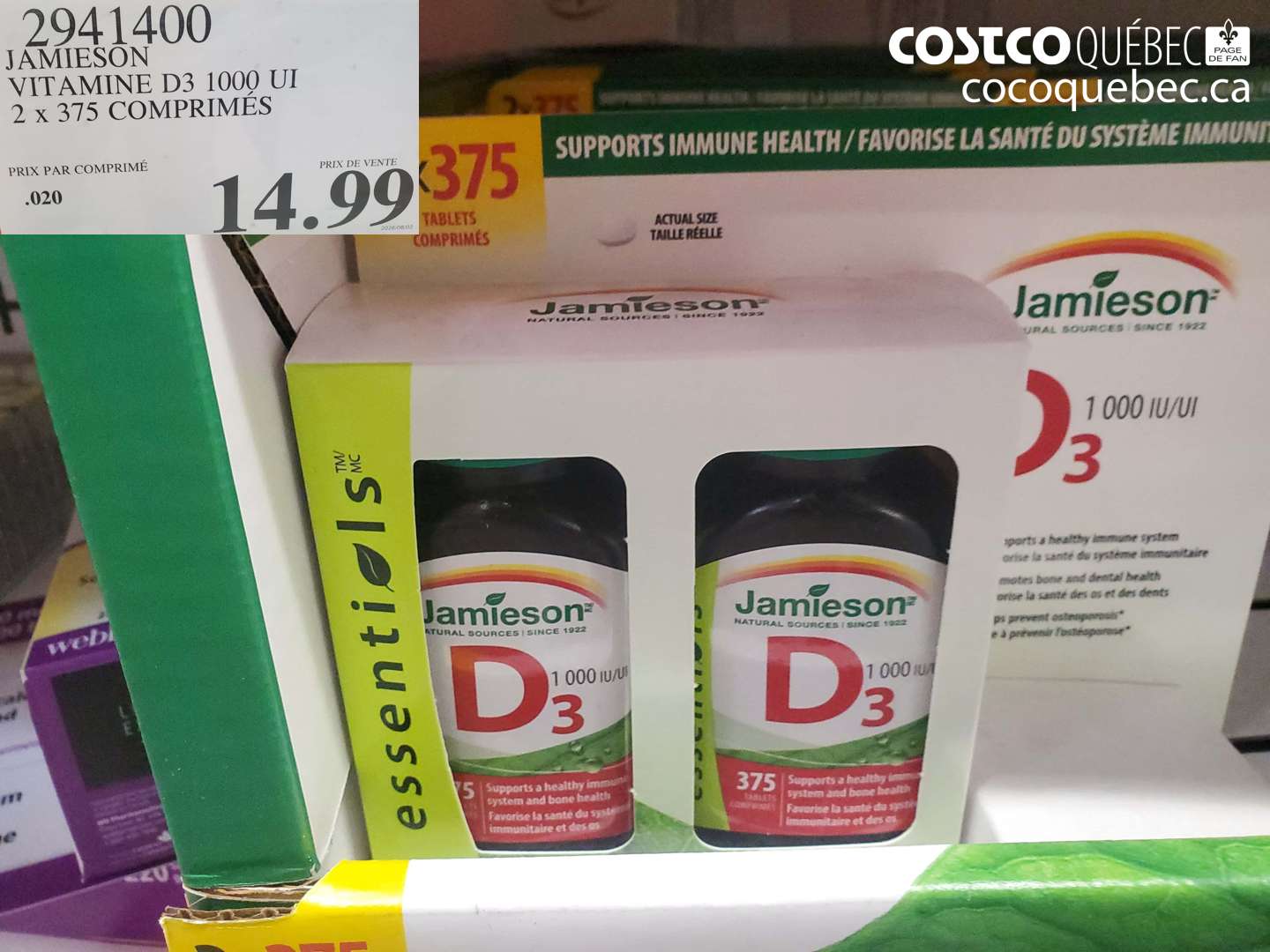 2941400 JAMIESON VITAMINE D3 1000 UI 2 X 375 COMPRIMÉS $14.99