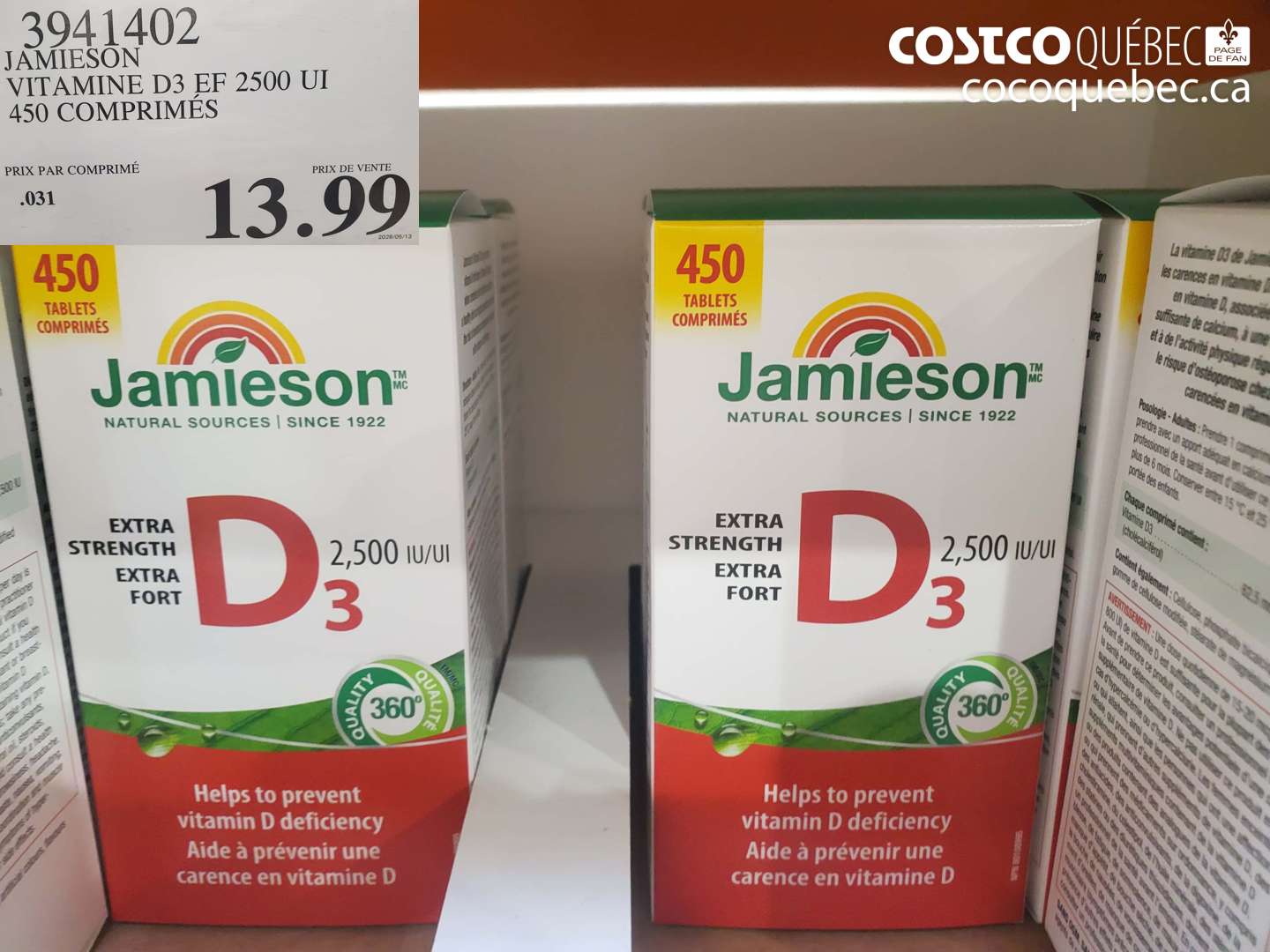 3941402 JAMIESON VITAMINE D3 EÉ 2500 UI 450 COMPRIMÉS $13.99