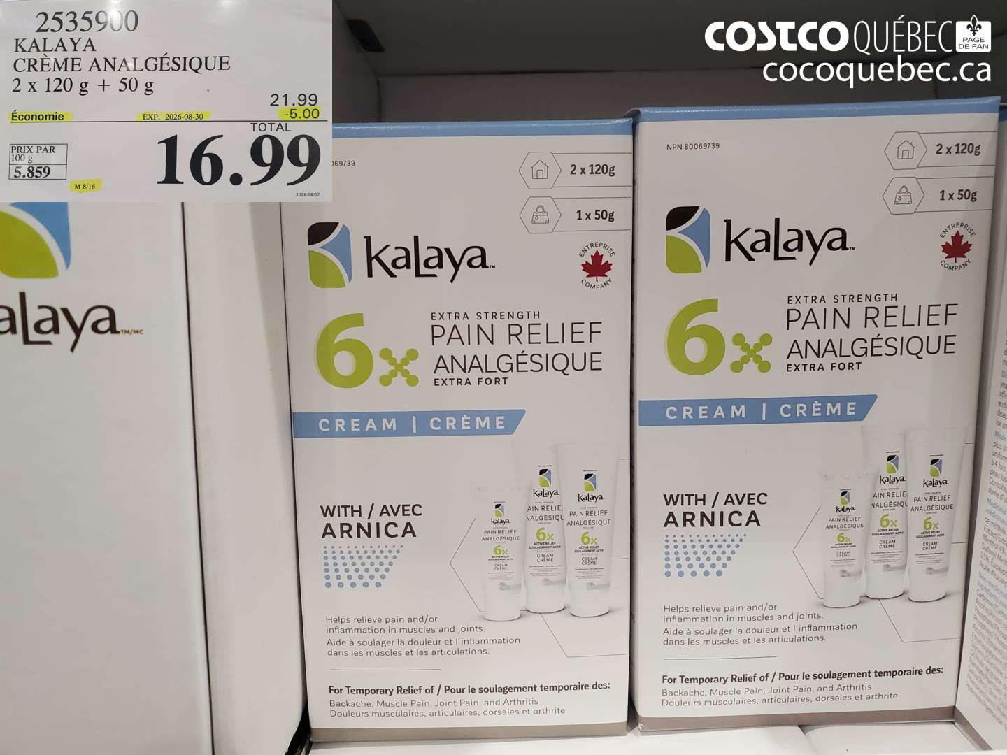 2535900 KALAYA CRÈME ANALGÉSIQUE 2 X 120 G + 50 G ($5.00 INSTANT SAVINGS EXPIRES ON 2026-08-30) $16.99