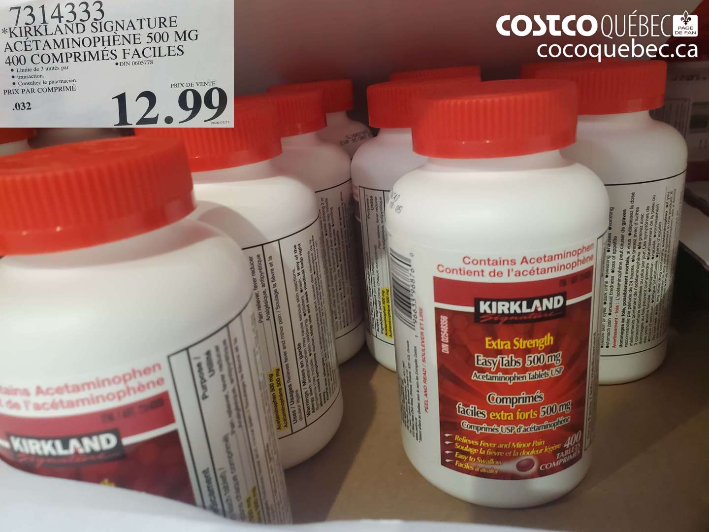 7314333 KIRKLAND SIGNATURE ACÉTAMINOPHÈNE 500 MG 400 COMPRIMÉS FACILES $12.99