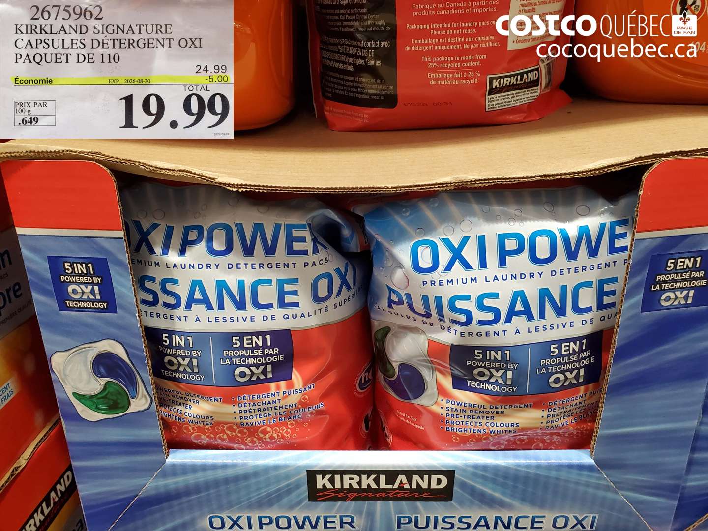 2675962 KIRKLAND SIGNATURE CAPSULES DÉTERGENT OXI PAQUET DE 110 ($5.00 INSTANT SAVINGS EXPIRES ON 2026-08-30) $19.99