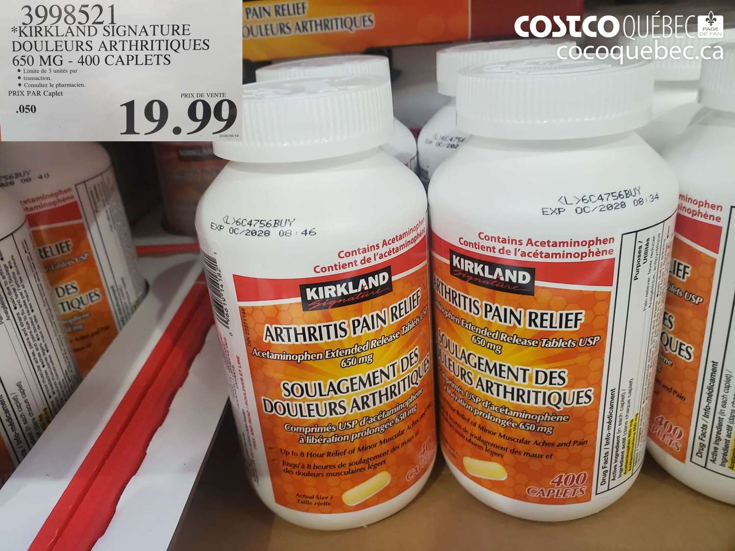 3998521 KIRKLAND SIGNATURE DOULEURS ARTHRITIQUES 650 MG - 400 CAPLETS $19.99