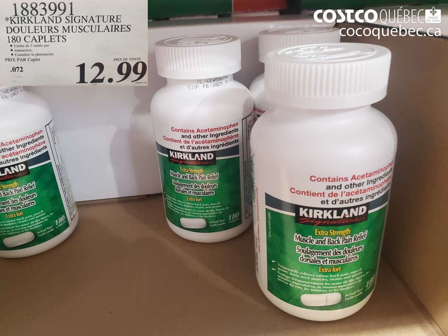 1883991 KIRKLAND SIGNATURE DOULEURS MUSCULAIRES 180 CAPLETS $12.99