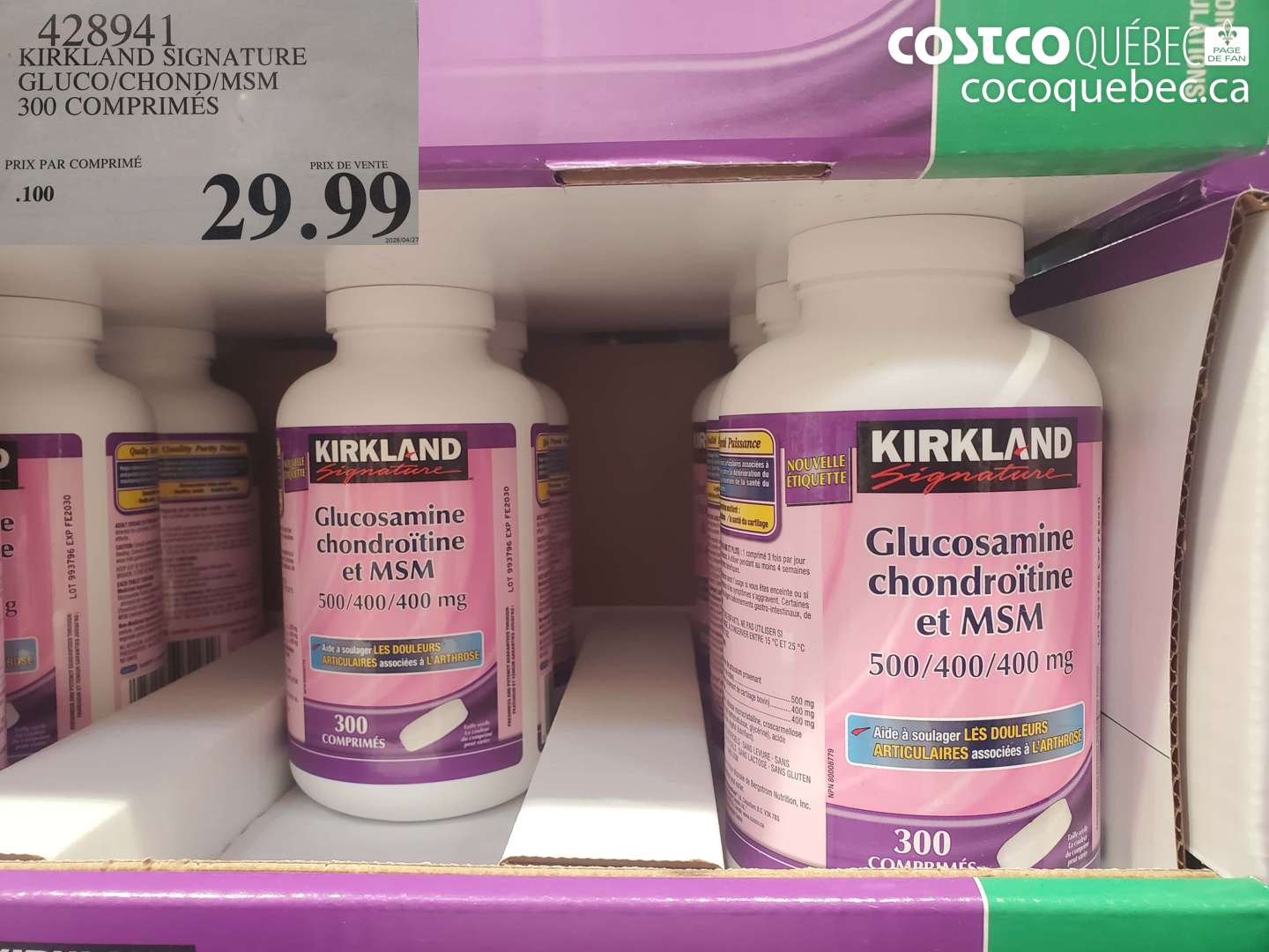 428941 KIRKLAND SIGNATURE GLUCO/CHOND/MSM 300 COMPRIMÉS $29.99