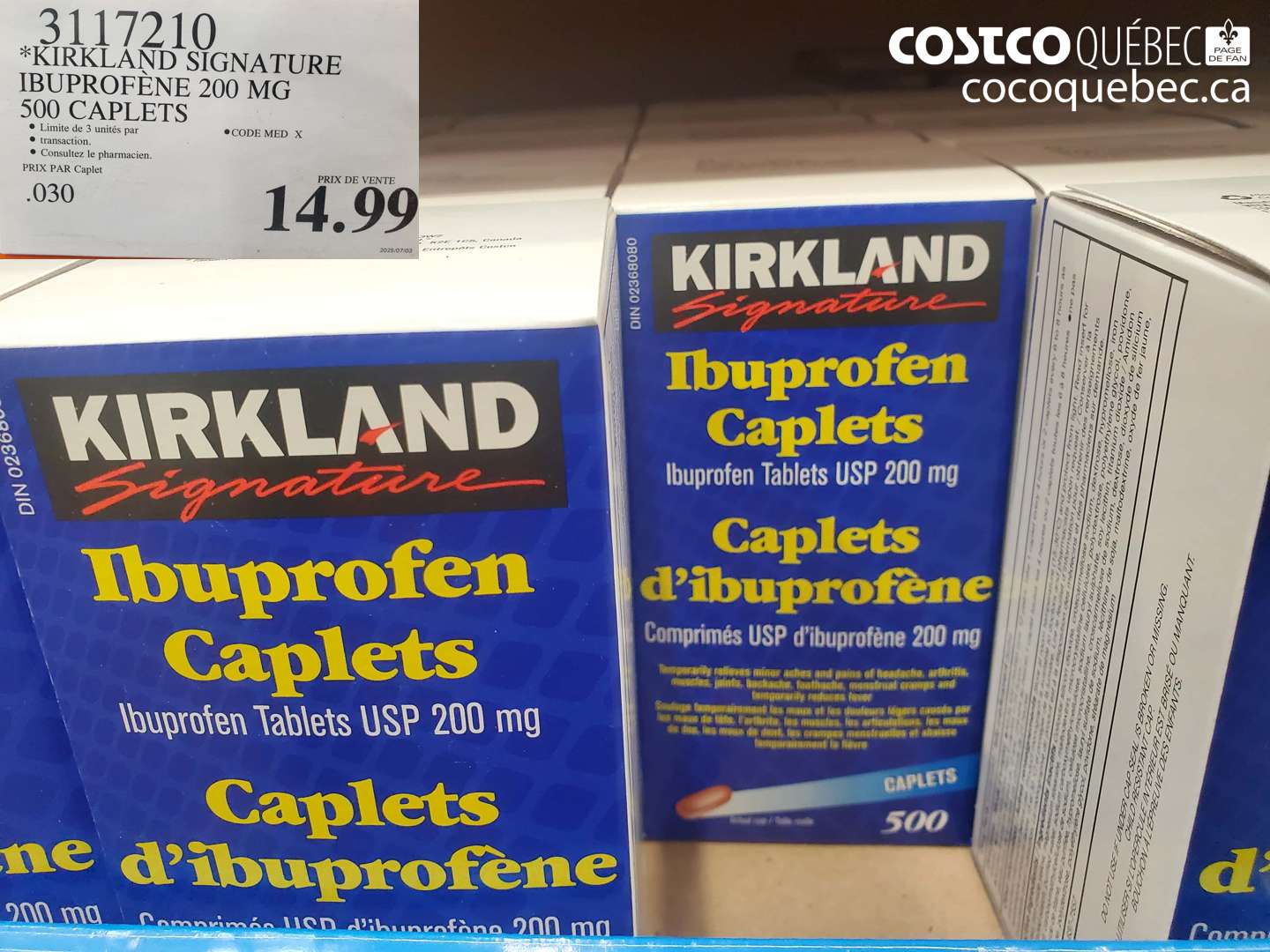3117210 KIRKLAND SIGNATURE IBUPROFÈNE 200 MG 500 CAPLETS $14.99