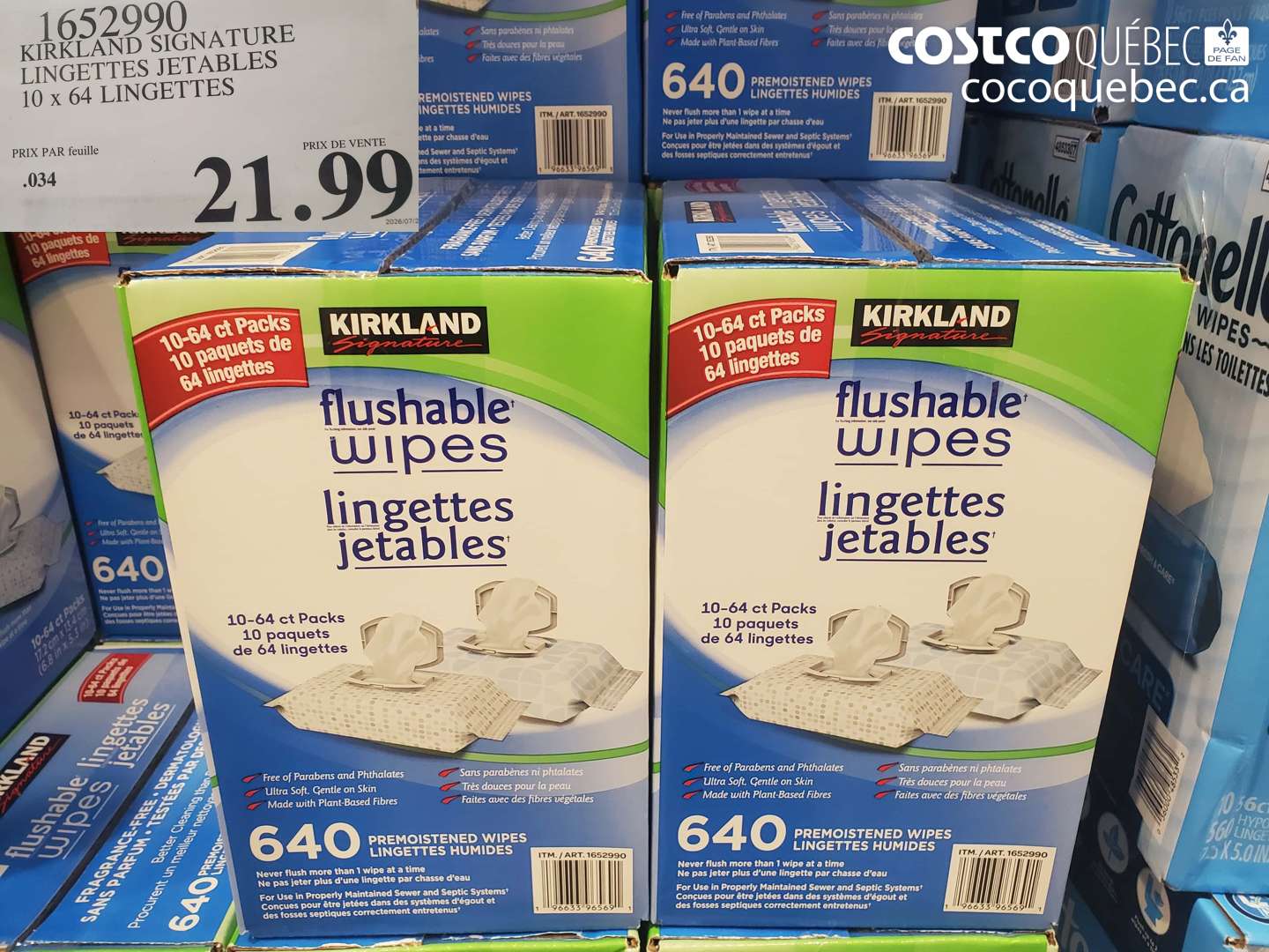 1652990 KIRKLAND SIGNATURE LINGETTES JETABLES 10 X 64 LINGETTES $21.99